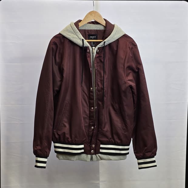 FOREVER 21 MEN 버건디 새틴 스타디움 후드 자켓 M