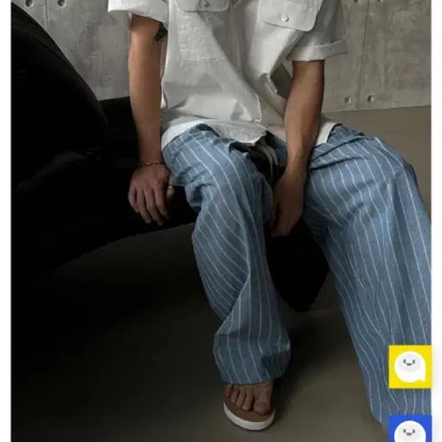Free / 스카이블루 ) 스트라이프 린넨 밴딩 팬츠