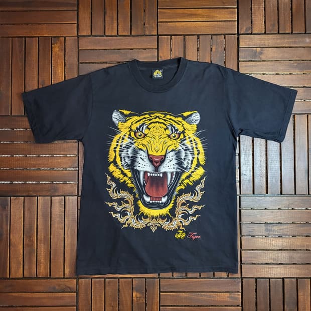 Tiger Animal Face 그래픽 엠보싱 프린트 티셔츠 (XL)