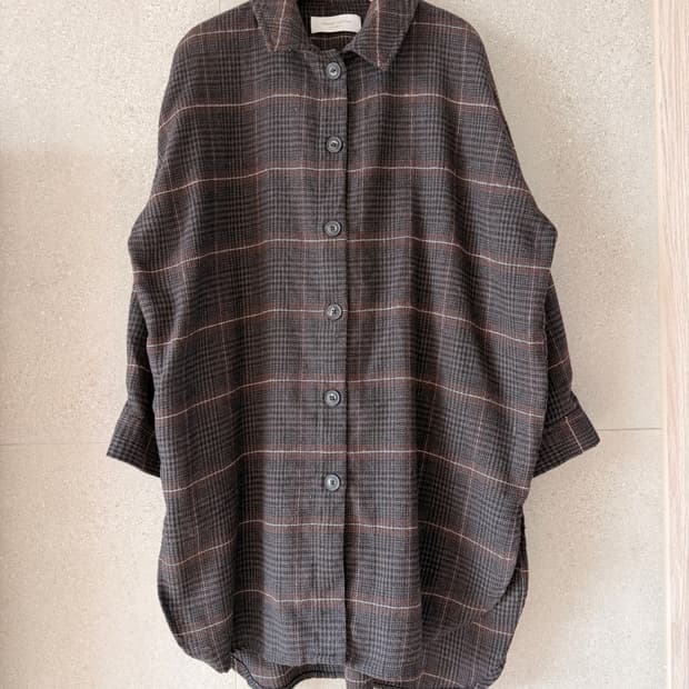 브라운 체크 롱셔츠 원피스 코트자켓 양쪽 주머니