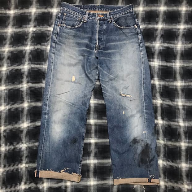 90s  재팬 505x 연중청 와이드 스트레이트 셀비지 데님