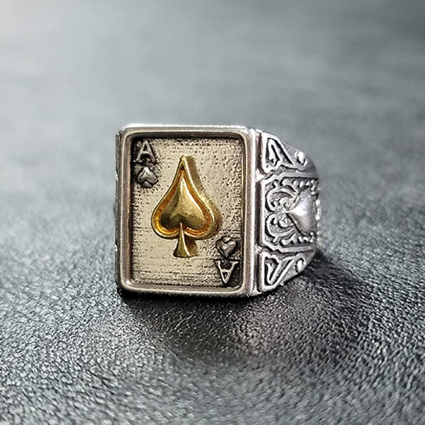 Spadion 백동 빅사이즈 남자 엔틱 빈티지 스페이드 에이스 카드 반지