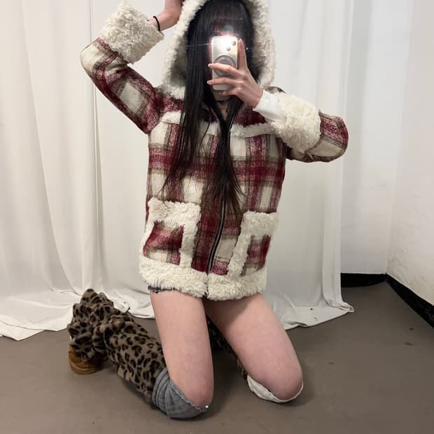 캐캐체st 후드 타탄체크 코트 