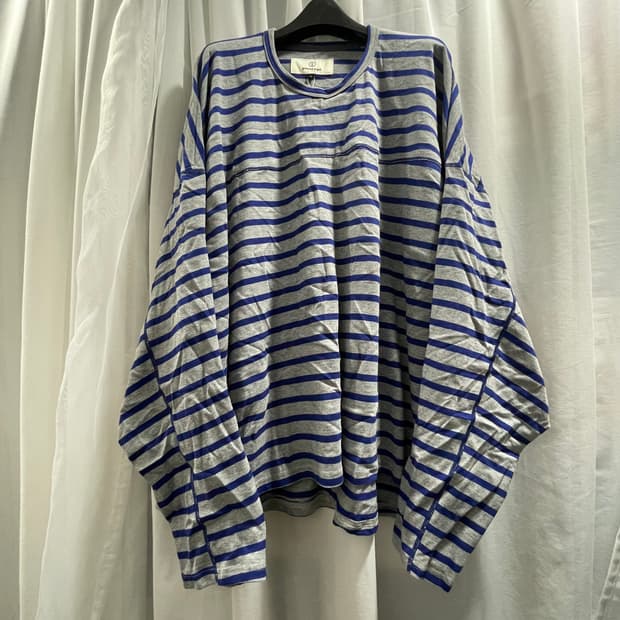 이얼즈어고/ 오버사이즈 바스크 코튼 스트라이프 티셔츠 그레이블루/ L