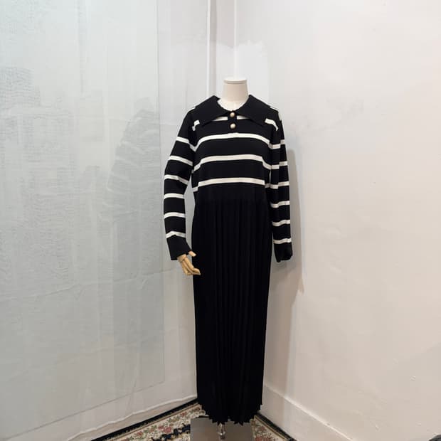 스트라이프 줄무늬 플리츠 니트원피스 롱원피스 4458