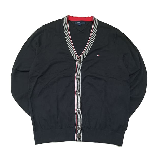 CL053 타미힐피거 코튼 삼색트리밍 블랙 브이넥 가디건
