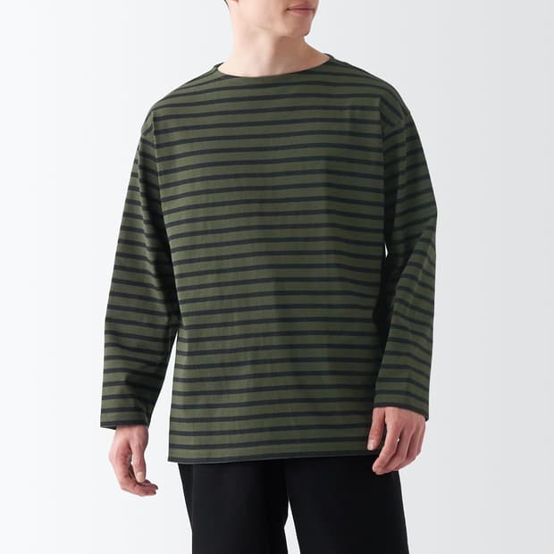 무인양품 muji 보트넥 9부 소매 티셔츠 카키그린보더 XL 새상품