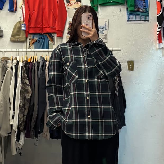 FUBU 후부 올드스쿨 그린 체크 남방 셔츠 XL
