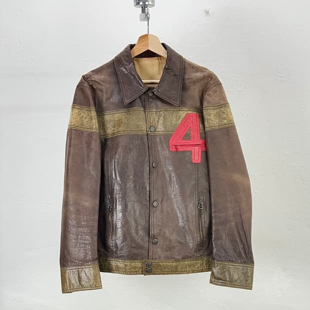 돌체 앤 가바나 브라운 아플리케 스트라이프 펠레 레더 스냅 버튼 자켓