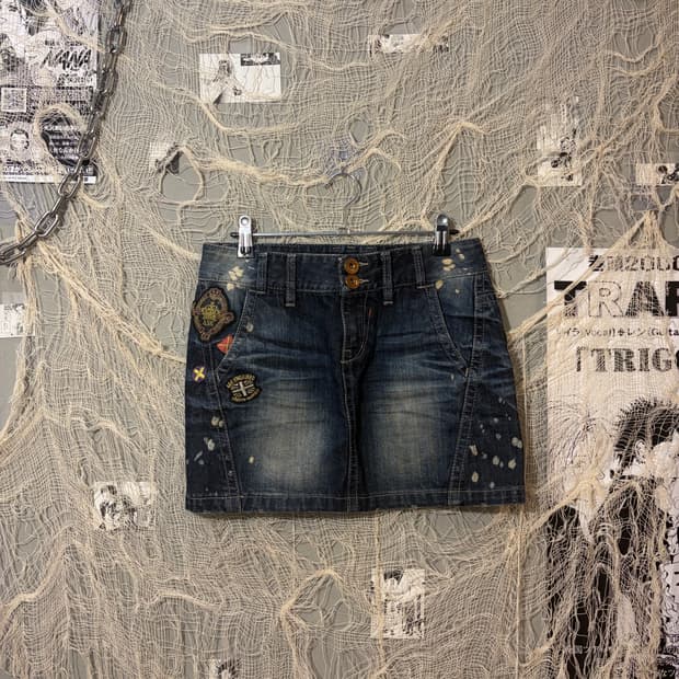 Y2K ASK patch cut-off washing Mini Skirt