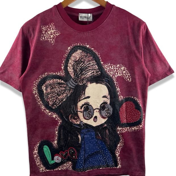 JPN 히피 버건디 Y2K 큐빅 반팔티3040