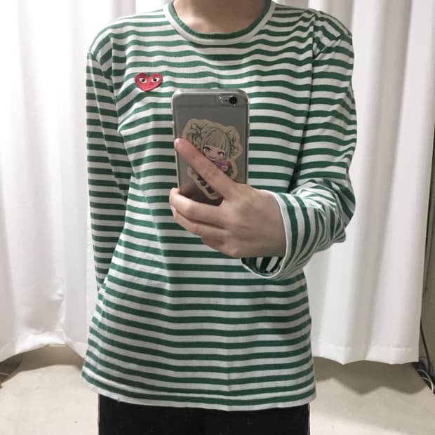 꼼데가르송 그린 스트라이프 단가라 롱슬리브 긴팔 티