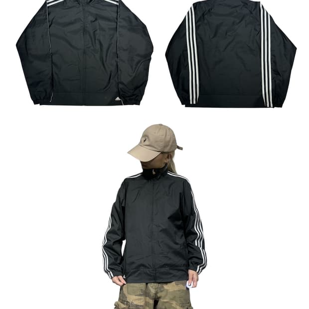 아디다스 블랙 00s 고프코어 화이트 삼선 바람막이 자켓 M