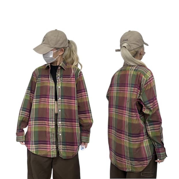 90s 폴로 올리브 그린 체크 클래식핏 셔츠 L