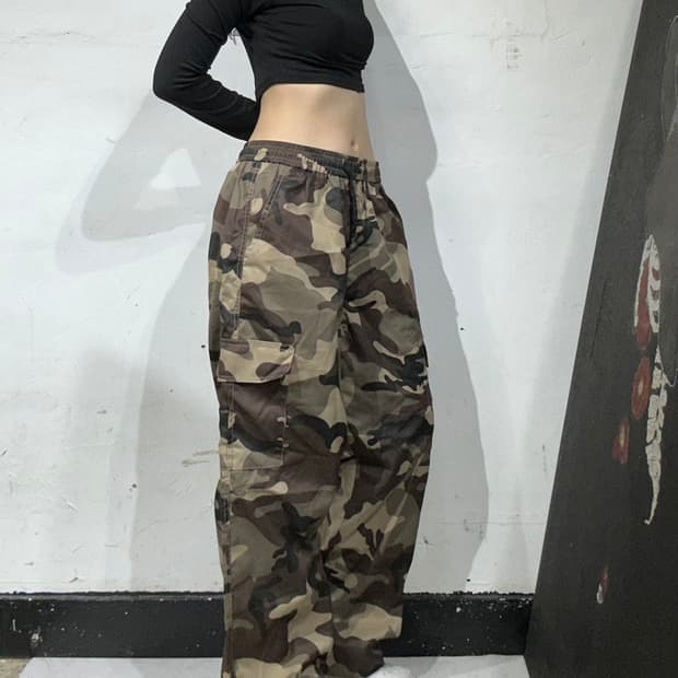 빈티지 베이지 밀리터리 카모 와이드 카고 팬츠 M