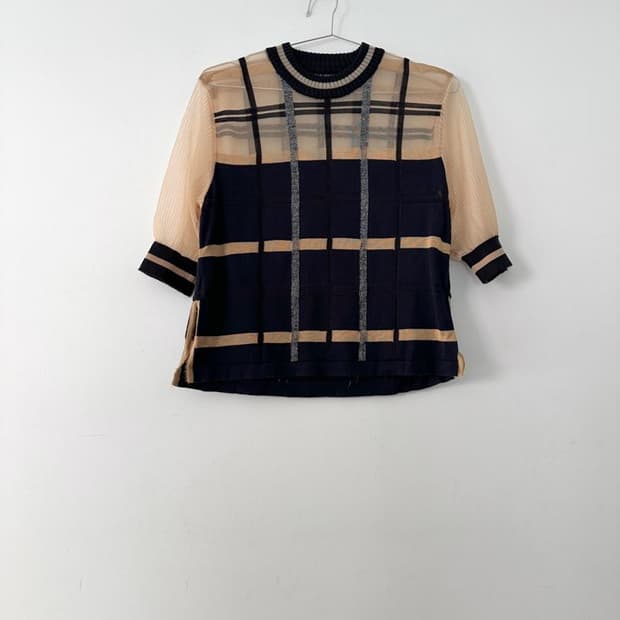 Grid sheer classic top / beige & navy
