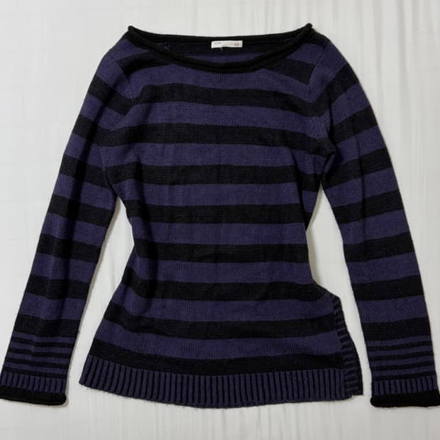 빈티지 펑크 스트라이프 보라 퍼플 니트 