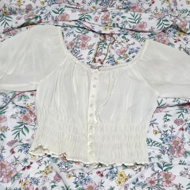 난닝구)빈티지 스모크 시스루 린넨 퍼프 오프숄더 모리걸 데일리 블라우스