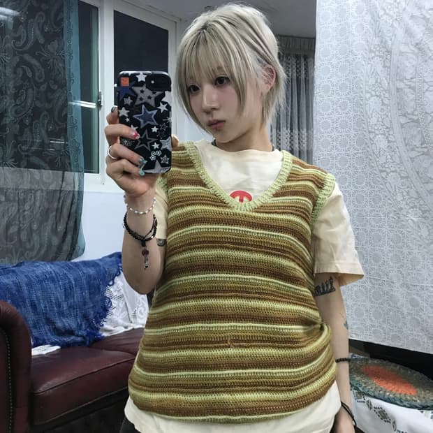 빈티지 여성 브이넥 스트라이프 니트 조끼 