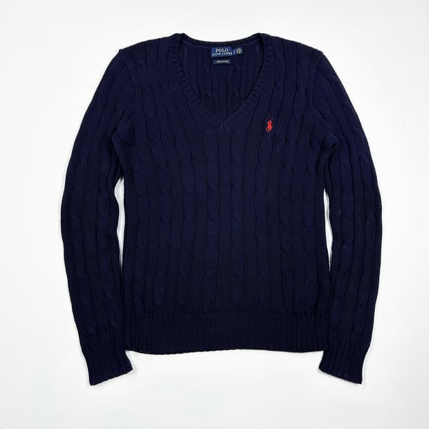 폴로 랄프로렌 클래식 피마코튼 브이넥 케이블 니트 네이비 여성S