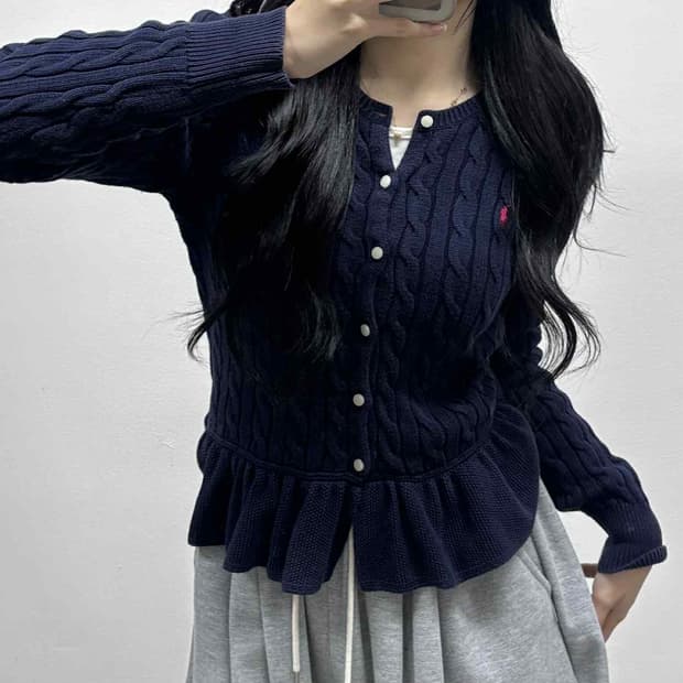 폴로 랄프로렌 네이비 케이블 걸즈 프릴 니트 가디건(XL)