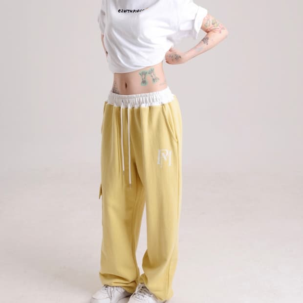피스메이커 오피셜 카고 스웨트 팬츠 옐로우 화이트배색조거트레이닝바지스트링