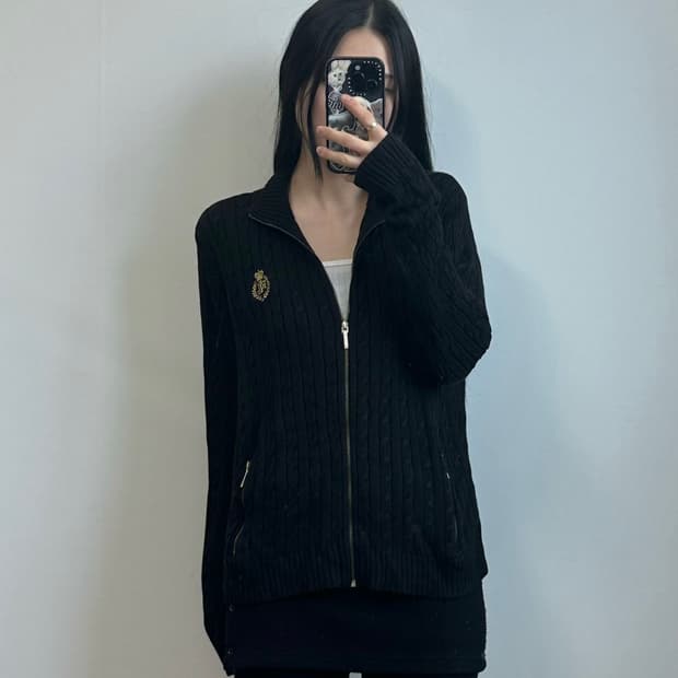 폴로 랄프로렌 자수로고 블랙 꽈배기 니트 집업