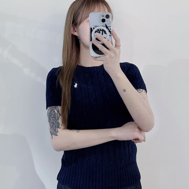 폴로랄프로렌 화이트포니 네이비 케이블 반팔 니트