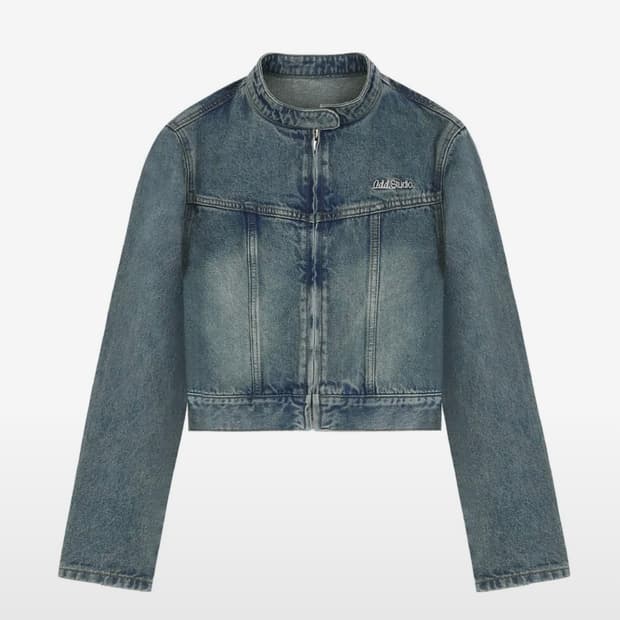 오드스튜디오 워싱 바이커 데님 자켓 크롭 