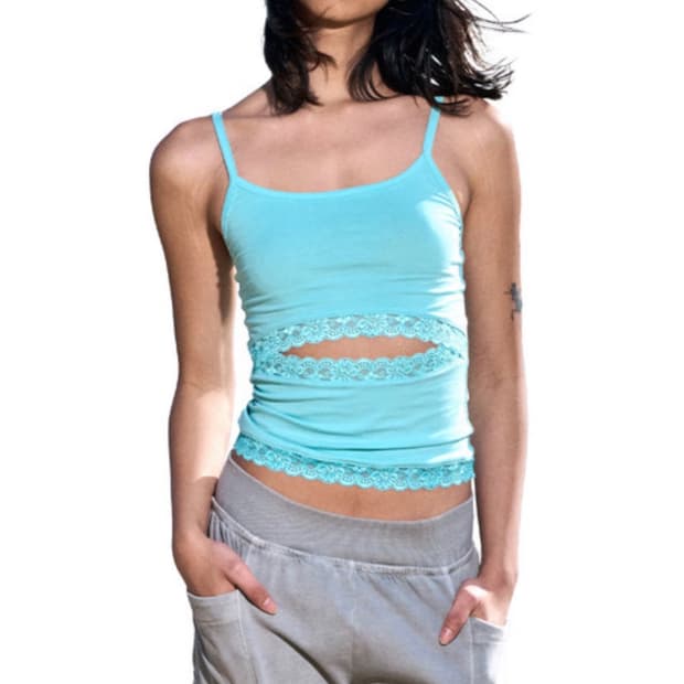 오들리워크샵 Lace Cutout Tank Aqua 슬리브리스