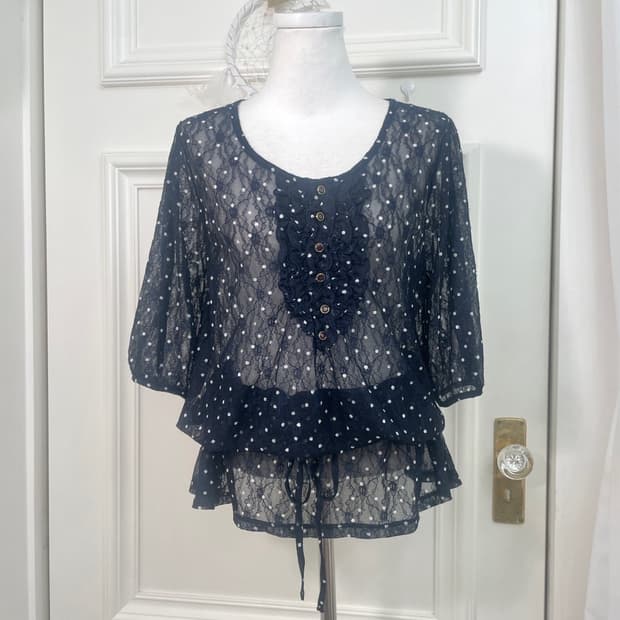 navy lace dot ruffle shirring blouse