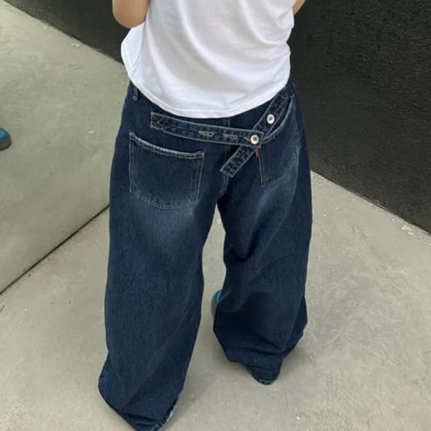 버튼 와이드 데님팬츠