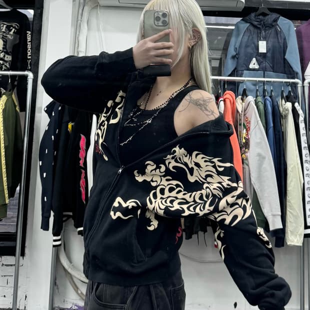 카라쿠리 타마시 오리엔탈 프린팅 후드집업