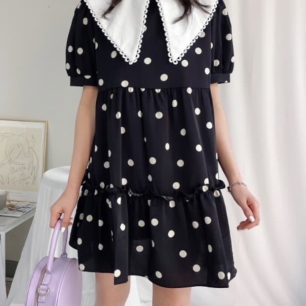 새상품) 레트로 빅카라 도트 미니원피스 블랙/베이지 일괄