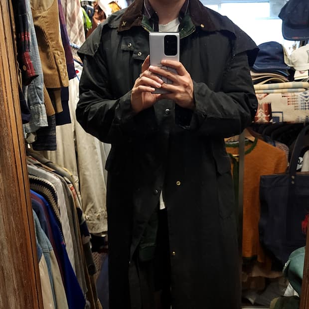 90s 잉글랜드 컨트리 왁스자켓 스톡맨 케이프 레인코트 다크 그린 L