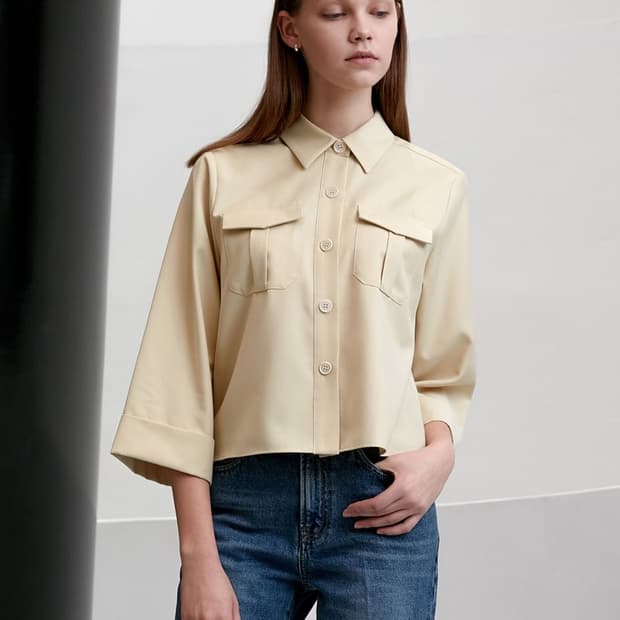 던스트 베이지 포켓 카브라 클래식 크롭 셔츠 블라우스 S