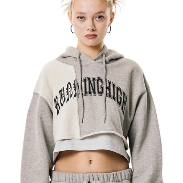 러닝하이 아치 로고 레이어드 크롭 후디 후드 [회색]