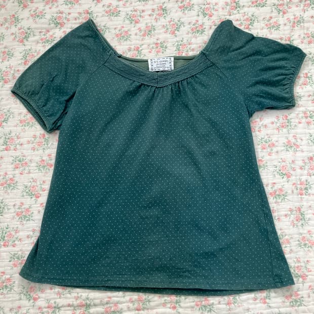 빈티지 청록 땡땡이 크로셰 퍼프 반팔 1118 모리걸 y2k 스트릿 갸루