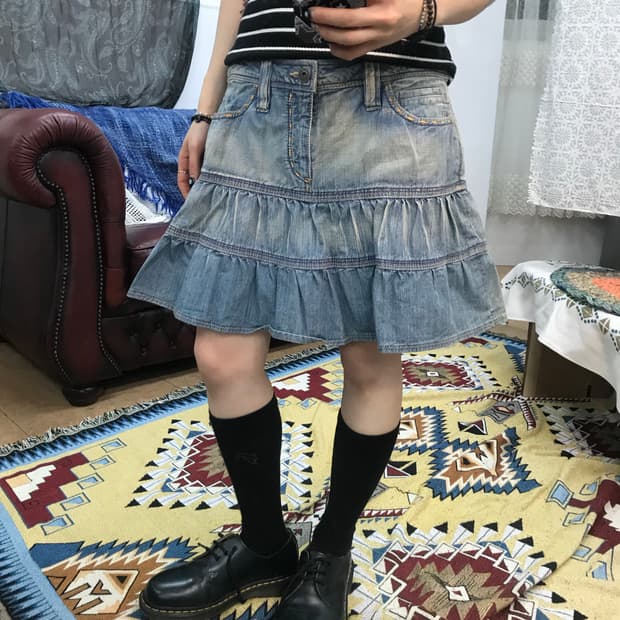 뱅뱅 여성 빈티지 스티치 데님 미니스커트 