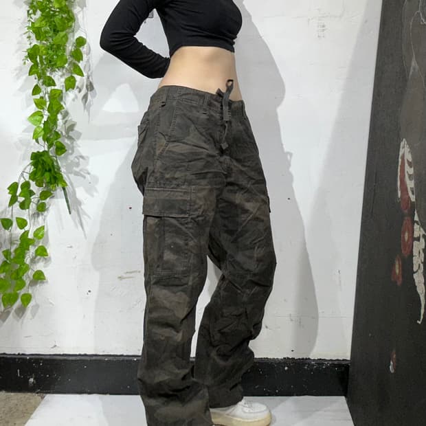 일본 빈티지 카키 와이드 카모 카고 팬츠 군대 바지 