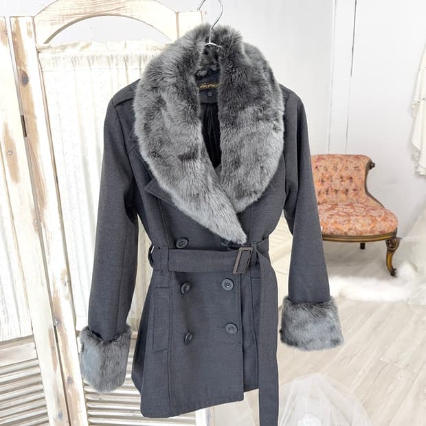 Charcoal Fur-Trim Double-Button Coat
