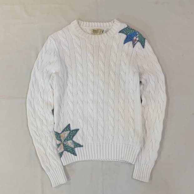 폴로 데님앤서플라이 별 패치워크 꽈배기 케이블 니트 화이트