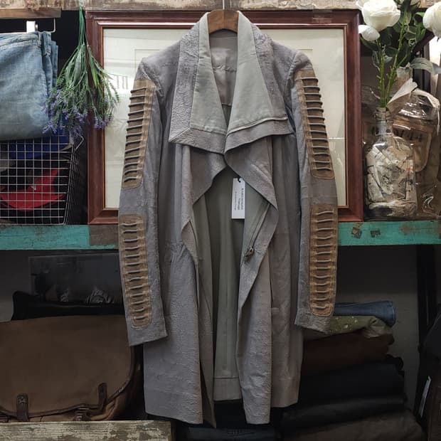 릭오웬스 10FW 아카이브 램스킨 하이넥 레더코트 그레이 42