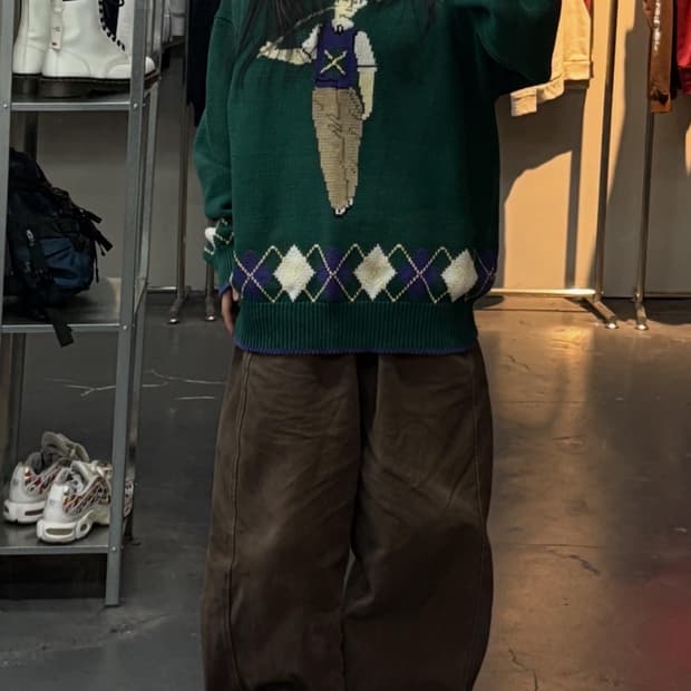 빈티지 풀오버 아가일 골프 그린 니트 A3261