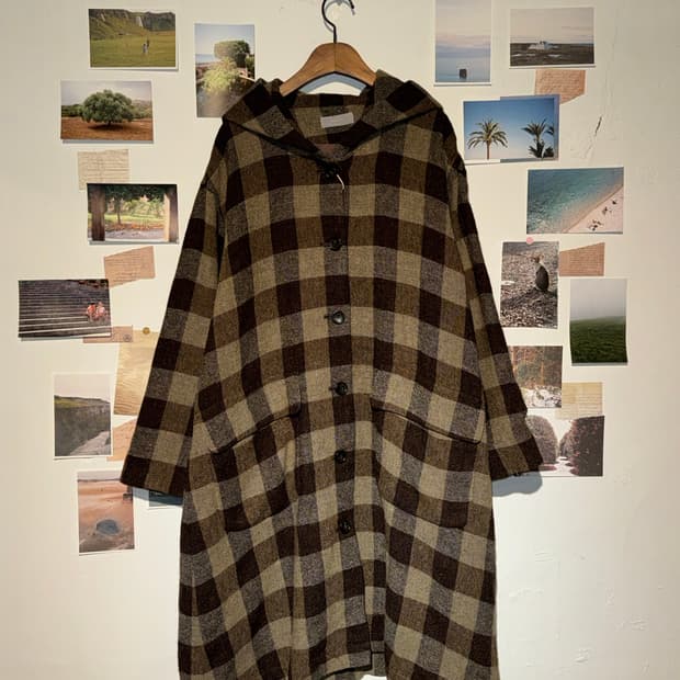 울 후드 체크 코트