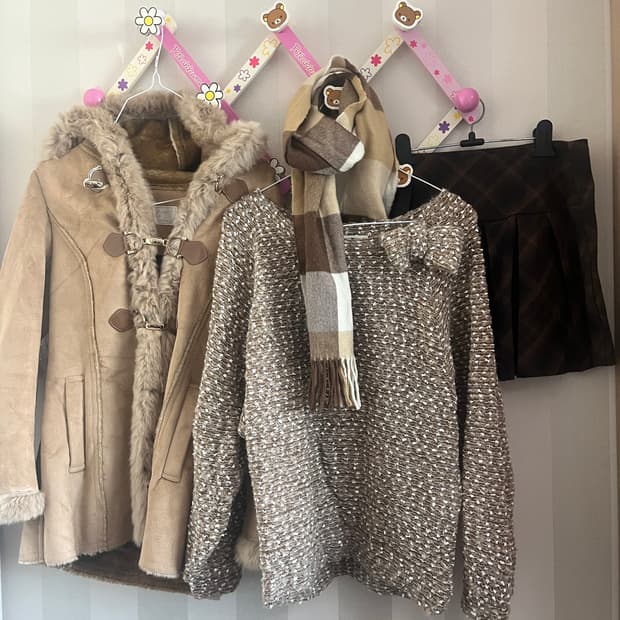 빈티지 라떼갸루 리본니트코트스커트 코디세트 하구미