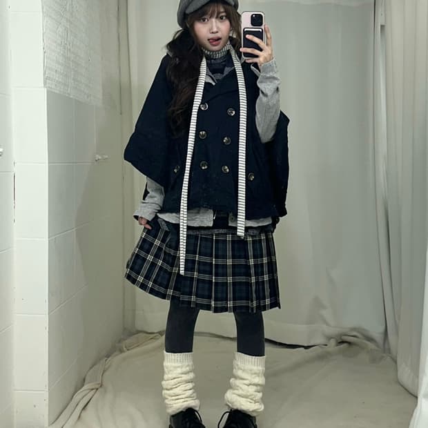 네이비 케이프 도트 니혼진 모리걸 코디세트