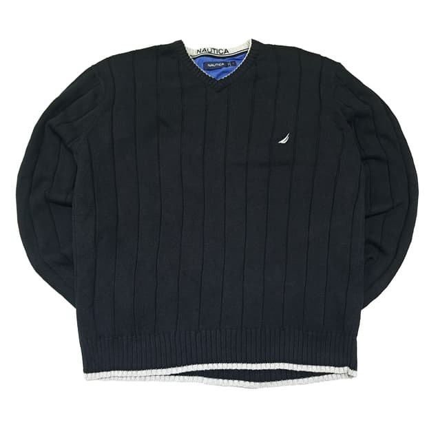 CL133 노티카 코튼 세일보트자수 블랙 브이넥 니트 스웨터