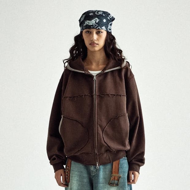 CUT-OFF HOODIE ZIP-UP BROWN