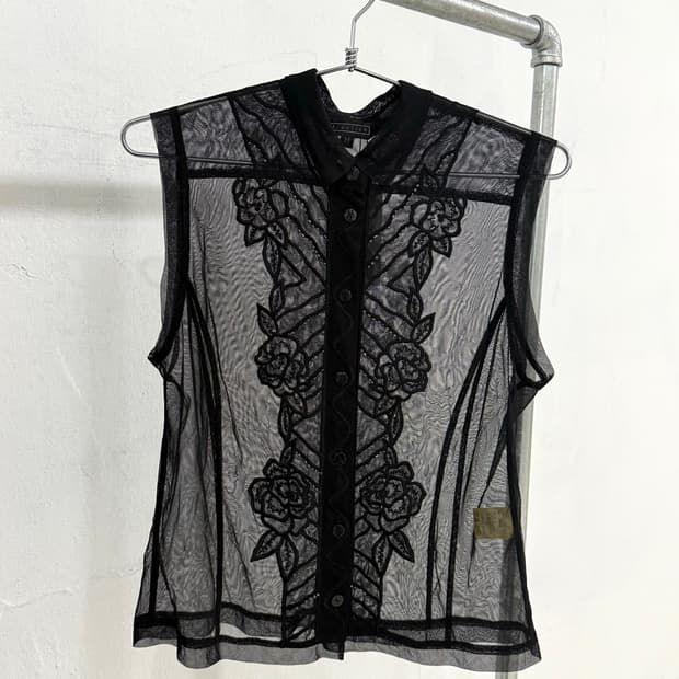 Black See-Through Mesh Sleeveless Shirt